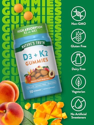 Nature's Truth Vitamin D3 + K2 Gummis | 50 Stück | Pfirsich-Mango-Geschmack | Vegetarisch, Nicht-GVO & Glutenfrei