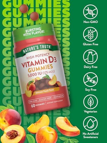 Nature's Truth Vitamin D3 Gummies 5000 IE | 60 Stück | Pfirsichgeschmack | Vegetarisch, Nicht-GVO & Glutenfrei