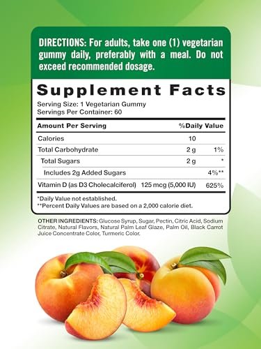 Nature's Truth Vitamin D3 Gummies 5000 IE | 60 Stück | Pfirsichgeschmack | Vegetarisch, Nicht-GVO & Glutenfrei