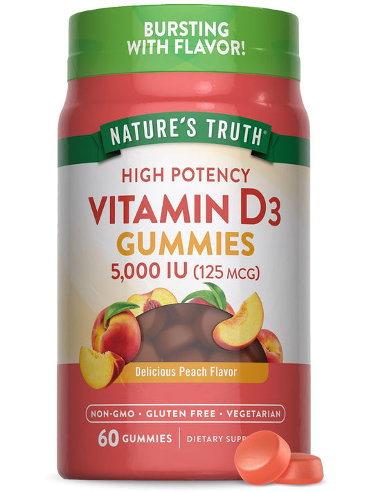 Nature's Truth Vitamin D3 Gummies 5000 IE | 60 Stück | Pfirsichgeschmack | Vegetarisch, Nicht-GVO & Glutenfrei