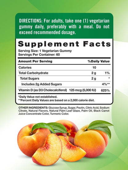 Nature's Truth Vitamin D3 Gummies 5000 IE | 60 Stück | Pfirsichgeschmack | Vegetarisch, Nicht-GVO & Glutenfrei