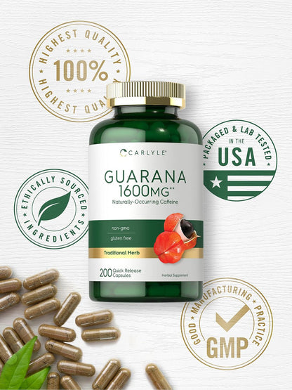 Carlyle Guarana Extrakt Kapseln | 200 Stück | Natürliches Koffein | Non-GMO, Glutenfrei