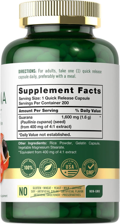 Carlyle Guarana Extrakt Kapseln | 200 Stück | Natürliches Koffein | Non-GMO, Glutenfrei