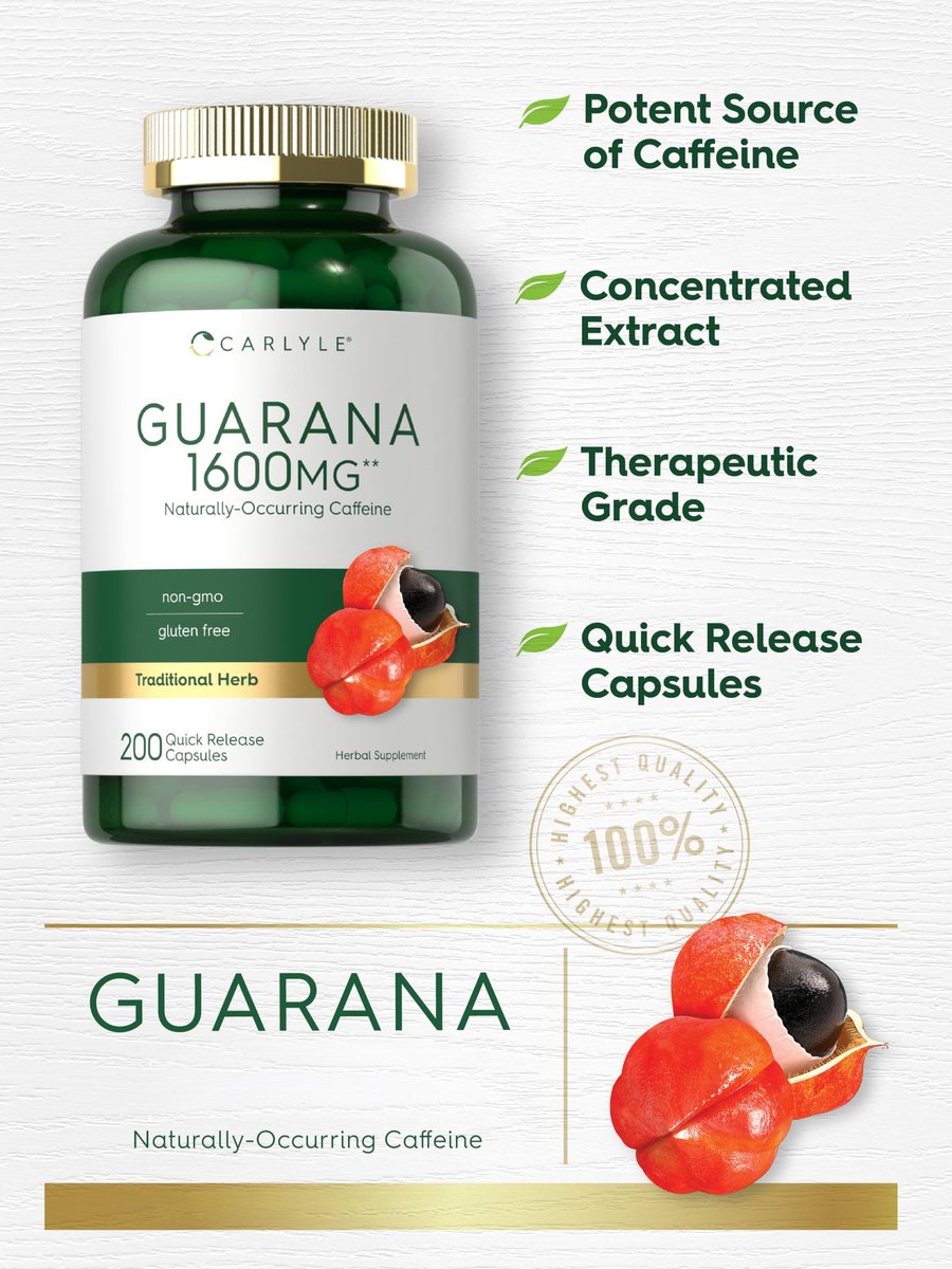 Carlyle Guarana Extrakt Kapseln | 200 Stück | Natürliches Koffein | Non-GMO, Glutenfrei