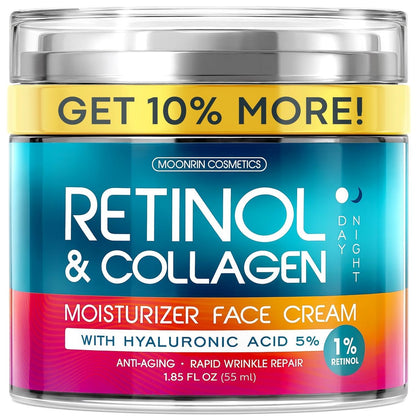Retinol-Creme für das Gesicht mit Hyaluronsäure - Anti-Aging Tages- und Nachtfeuchtigkeitscreme für Frauen und Männer - Kollagencreme reduziert Falten und Trockenheit - 1,85 Unzen