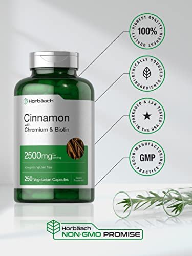 Horbäach Zimt mit Chrom & Biotin | 250 Kapseln | Kräuterextrakt | Vegetarisch, Nicht-GVO, Glutenfrei
