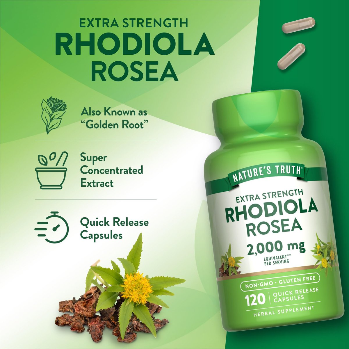 Nature's Truth Rhodiola Rosea | 120 Kapseln | Nicht-GVO & glutenfreies Extraktpräparat