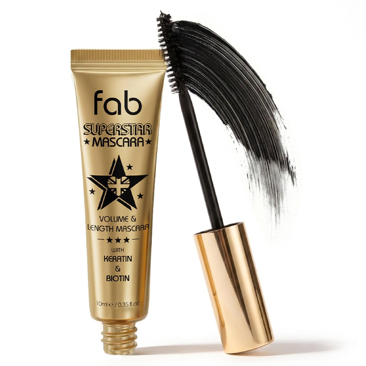Fab Superstar Mascara: Wasserdichte Volumen-Mascara mit Lifting-Effekt – Schwarze Mascara für kräftiges Volumen und Länge – Angereichert mit Keratin und Biotin für längere, besser definierte Wimpern – 10 ml