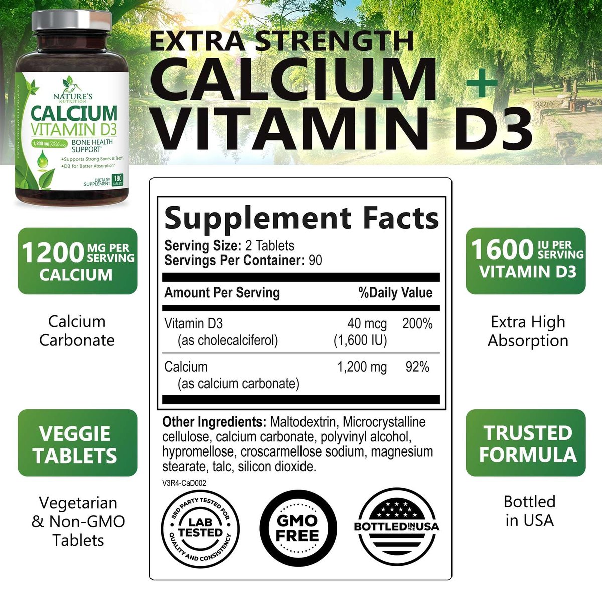 Calcium Supplement mit Vitamin D3 – 1200 mg Calcium pro Portion mit D3 für beste Absorption – Unterstützt Immunsystem, Knochen & Zähne – Nature's Calcium in den USA abgefüllt für Frauen & Männer – 180 Tabletten