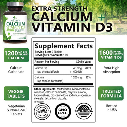 Calcium Supplement mit Vitamin D3 – 1200 mg Calcium pro Portion mit D3 für beste Absorption – Unterstützt Immunsystem, Knochen & Zähne – Nature's Calcium in den USA abgefüllt für Frauen & Männer – 180 Tabletten