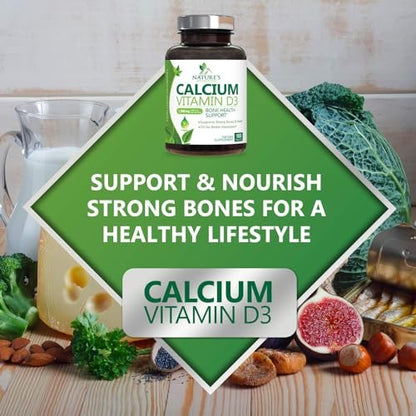 Calcium Supplement mit Vitamin D3 – 1200 mg Calcium pro Portion mit D3 für beste Absorption – Unterstützt Immunsystem, Knochen & Zähne – Nature's Calcium in den USA abgefüllt für Frauen & Männer – 180 Tabletten