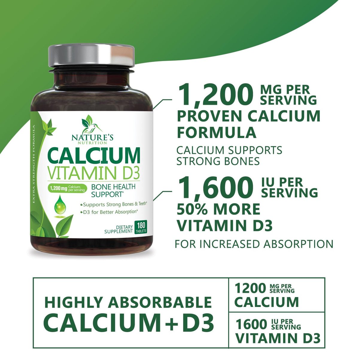 Calcium Supplement mit Vitamin D3 – 1200 mg Calcium pro Portion mit D3 für beste Absorption – Unterstützt Immunsystem, Knochen & Zähne – Nature's Calcium in den USA abgefüllt für Frauen & Männer – 180 Tabletten