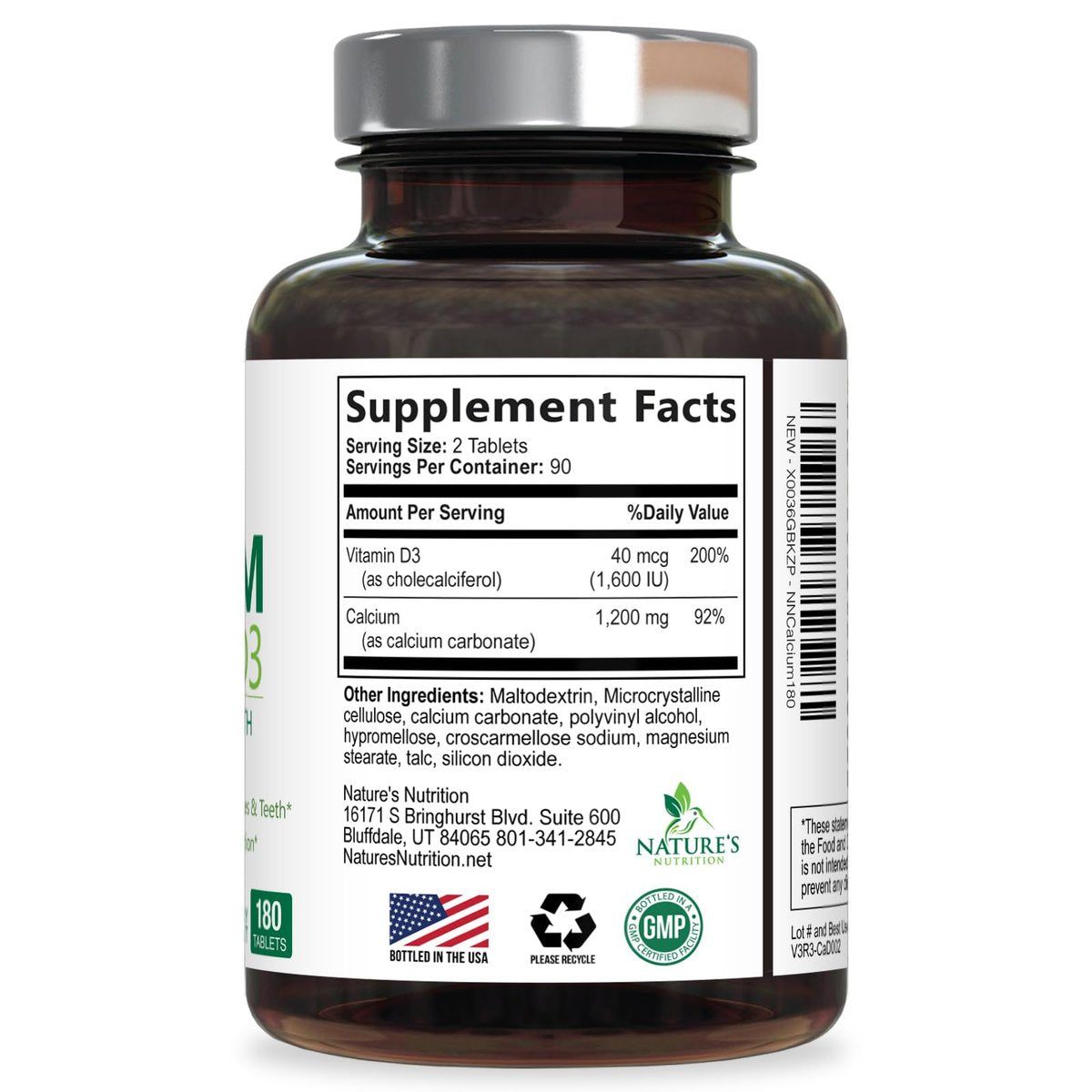 Calcium Supplement mit Vitamin D3 – 1200 mg Calcium pro Portion mit D3 für beste Absorption – Unterstützt Immunsystem, Knochen & Zähne – Nature's Calcium in den USA abgefüllt für Frauen & Männer – 180 Tabletten