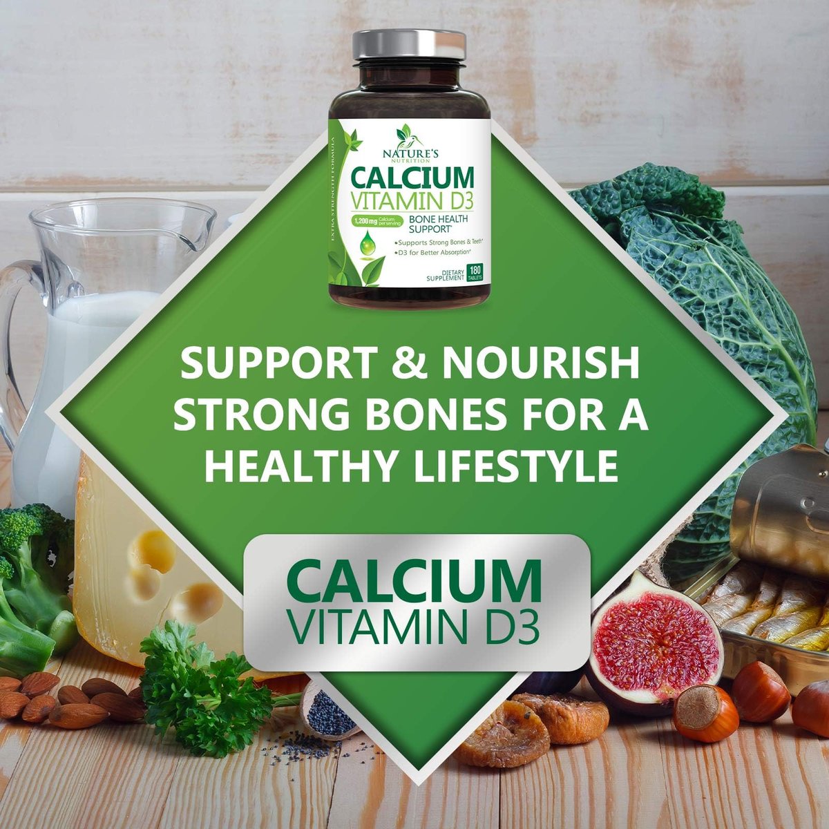 Calcium Supplement mit Vitamin D3 – 1200 mg Calcium pro Portion mit D3 für beste Absorption – Unterstützt Immunsystem, Knochen & Zähne – Nature's Calcium in den USA abgefüllt für Frauen & Männer – 180 Tabletten