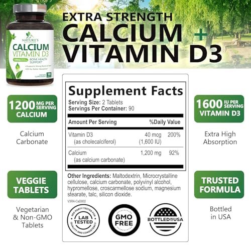 Calcium Supplement mit Vitamin D3 – 1200 mg Calcium pro Portion mit D3 für beste Absorption – Unterstützt Immunsystem, Knochen & Zähne – Nature's Calcium in den USA abgefüllt für Frauen & Männer – 180 Tabletten