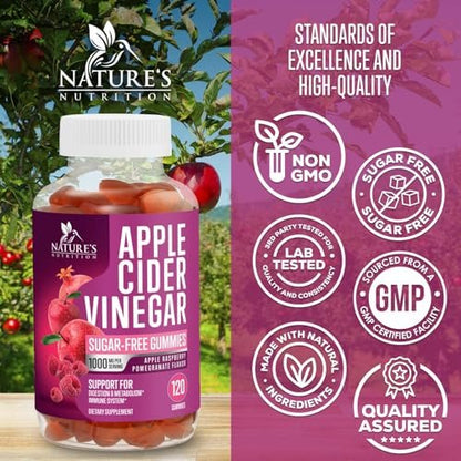 Apfelessig Gummibärchen 1000mg pro Portion – Zuckerfrei, Max Stärke ACV Gummis, Vitamin B12 unterstützt Stoffwechsel & Energie, Keto-freundlich, Vegan, 120 Gummis