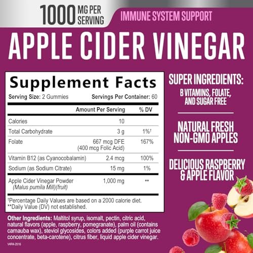 Apfelessig Gummibärchen 1000mg pro Portion – Zuckerfrei, Max Stärke ACV Gummis, Vitamin B12 unterstützt Stoffwechsel & Energie, Keto-freundlich, Vegan, 120 Gummis