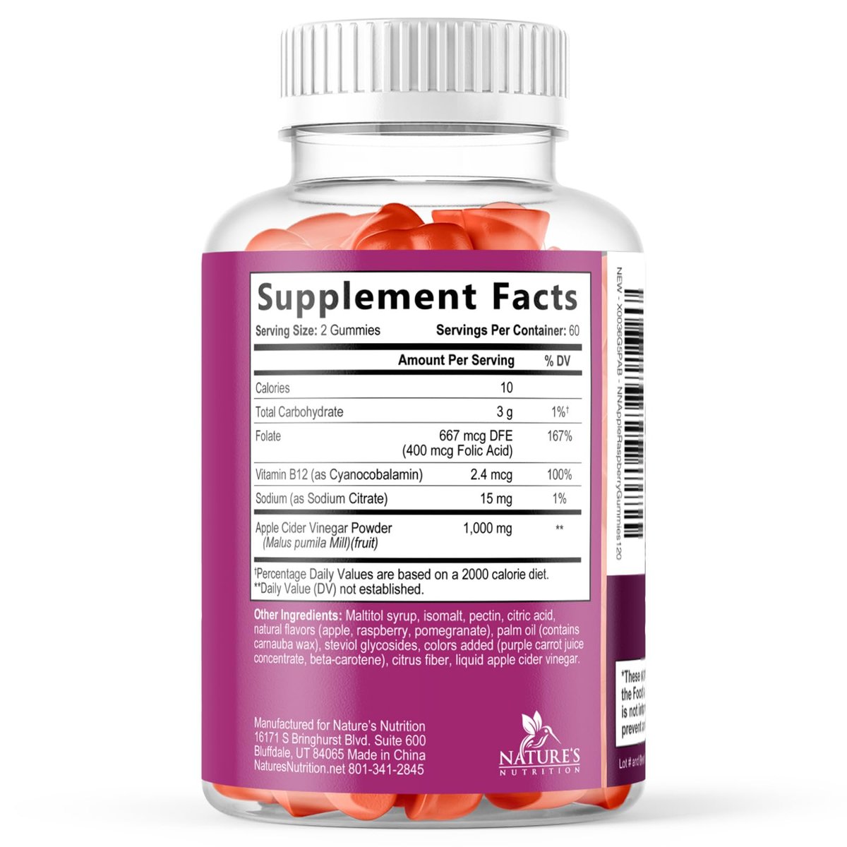 Apfelessig Gummibärchen 1000mg pro Portion – Zuckerfrei, Max Stärke ACV Gummis, Vitamin B12 unterstützt Stoffwechsel & Energie, Keto-freundlich, Vegan, 120 Gummis