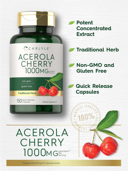 Carlyle Acerola Kirsch Kapseln | 150 Stück | Non-GMO & Glutenfrei | Acerola Beeren Extrakt