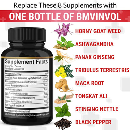 BMVINVOL Bockshornklee Kapseln mit Maca, Ginseng, Tribulus Terrestris, Ashwagandha, Schwarzem Pfeffer - 90 Kapseln für 3 Monate