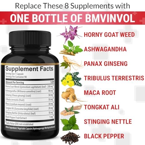 BMVINVOL Bockshornklee Kapseln mit Maca, Ginseng, Tribulus Terrestris, Ashwagandha, Schwarzem Pfeffer - 90 Kapseln für 3 Monate