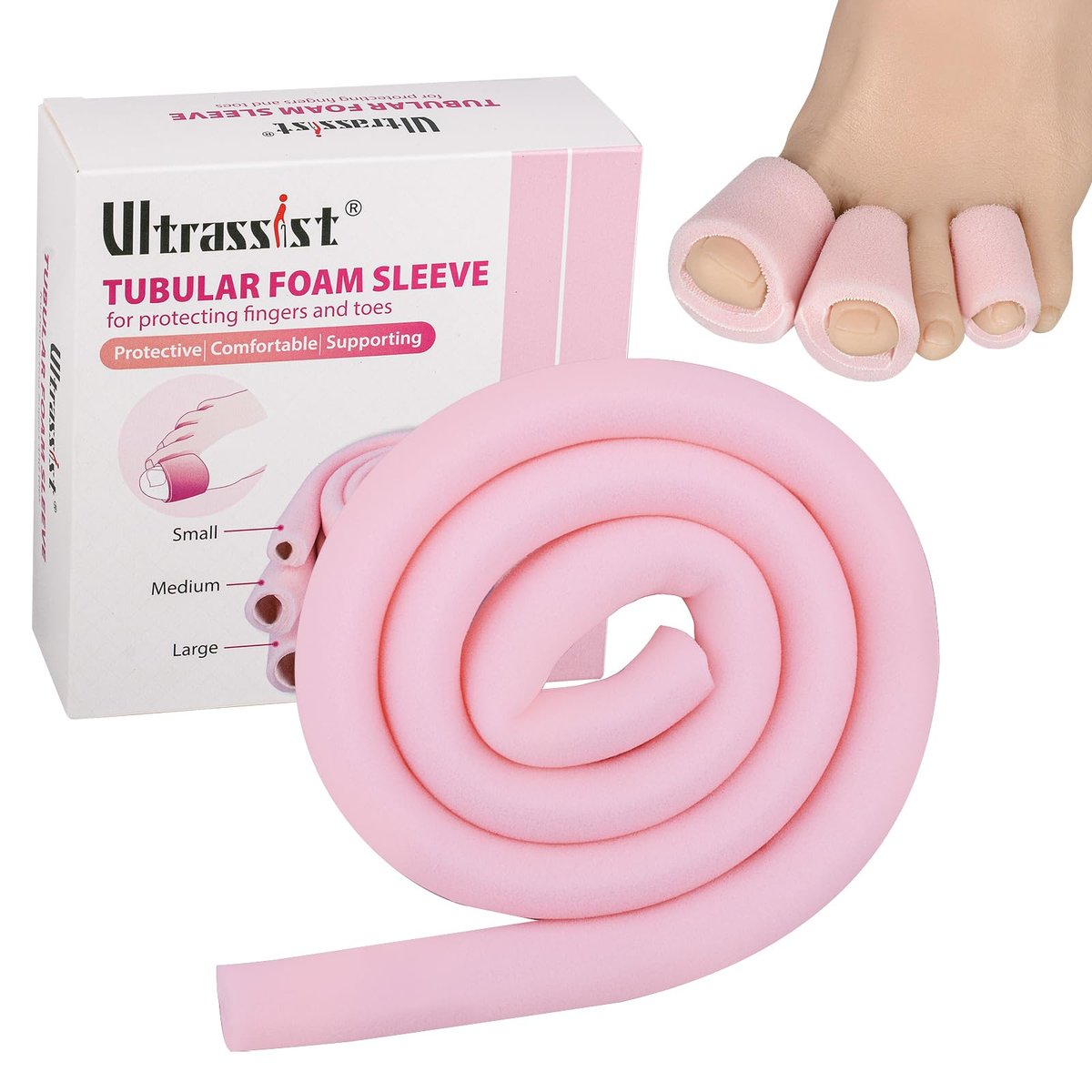 Ultrassist Zehenschlauch mit Überlappung, Medium, 7/8" Innendurchmesser, 36" Rolle, Schaumstoff-Zehenschutz für Blasen, Ballenzehen, Hühneraugen