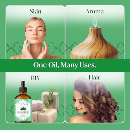 Siva Kampferöl 118 ml – 100 % natürliches Kampferöl für Diffuser, Gesicht, Hautpflege, Aromatherapie, Haarpflege, Kopfhaut und Körpermassage – mit Pipette