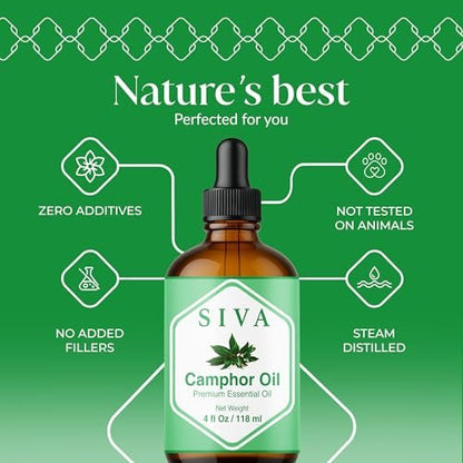 Siva Kampferöl 118 ml – 100 % natürliches Kampferöl für Diffuser, Gesicht, Hautpflege, Aromatherapie, Haarpflege, Kopfhaut und Körpermassage – mit Pipette