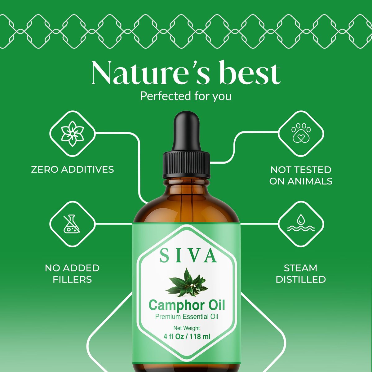 Siva Kampferöl 118 ml – 100 % natürliches Kampferöl für Diffuser, Gesicht, Hautpflege, Aromatherapie, Haarpflege, Kopfhaut und Körpermassage – mit Pipette