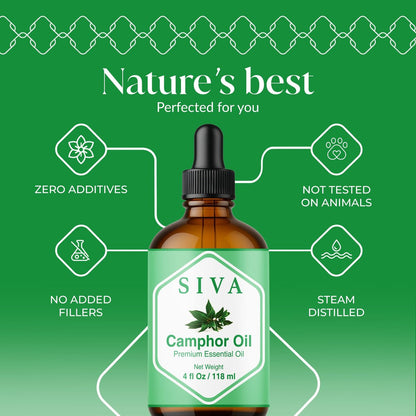 Siva Kampferöl 118 ml – 100 % natürliches Kampferöl für Diffuser, Gesicht, Hautpflege, Aromatherapie, Haarpflege, Kopfhaut und Körpermassage – mit Pipette