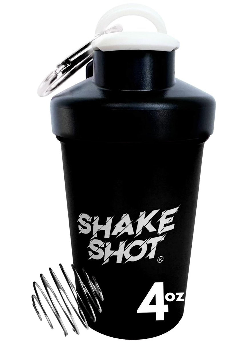 Shake Shot Mini Shaker Flasche 4oz Schwarz – Ideal für Pre-Workout, Creatin und kleine Portionen (Nicht für Protein) – Mit Clip & Shaker-Kugel