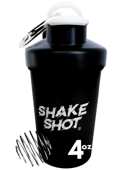 Shake Shot Mini Shaker Flasche 4oz Schwarz – Ideal für Pre-Workout, Creatin und kleine Portionen (Nicht für Protein) – Mit Clip & Shaker-Kugel