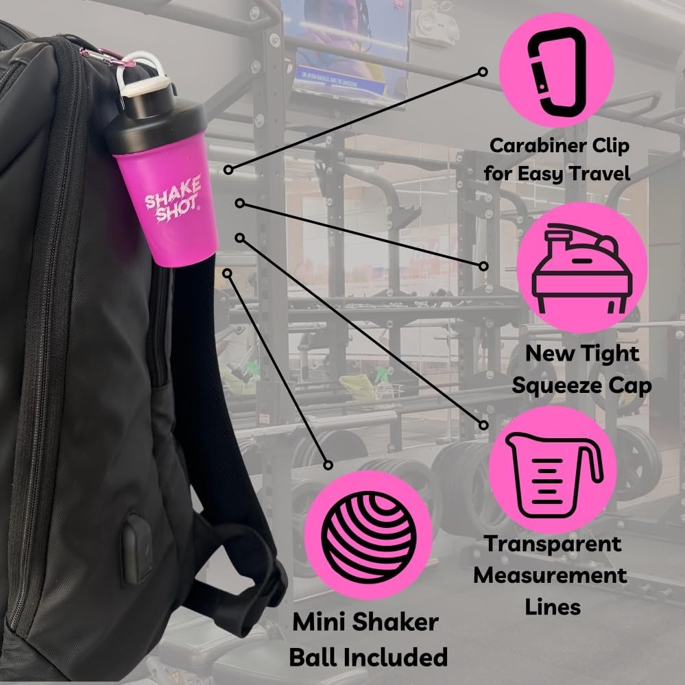 Shake Shot Mini Shaker Flasche Pink 4oz – Ideal für Pre-Workout, Kreatin und kleine Nahrungsergänzungsmittel (nicht für Protein) mit Clip und Shaker-Kugel