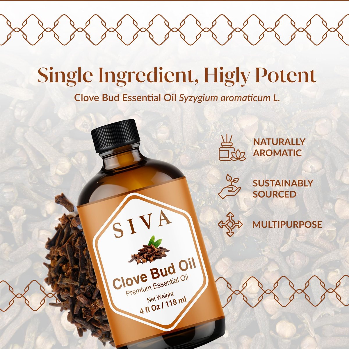 Siva Clove Bud Essential Oil - 4 Fl Oz – 100% Natürliches Nelkenöl für Diffuser, Gesicht, Hautpflege, Aromatherapie, Haarpflege, Kopfhaut und Körpermassage - mit Pipette