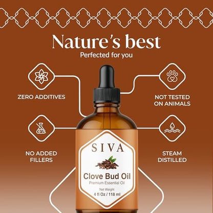 Siva Clove Bud Essential Oil - 4 Fl Oz – 100% Natürliches Nelkenöl für Diffuser, Gesicht, Hautpflege, Aromatherapie, Haarpflege, Kopfhaut und Körpermassage - mit Pipette