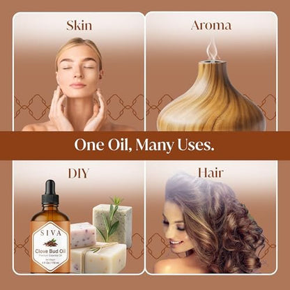 Siva Clove Bud Essential Oil - 4 Fl Oz – 100% Natürliches Nelkenöl für Diffuser, Gesicht, Hautpflege, Aromatherapie, Haarpflege, Kopfhaut und Körpermassage - mit Pipette