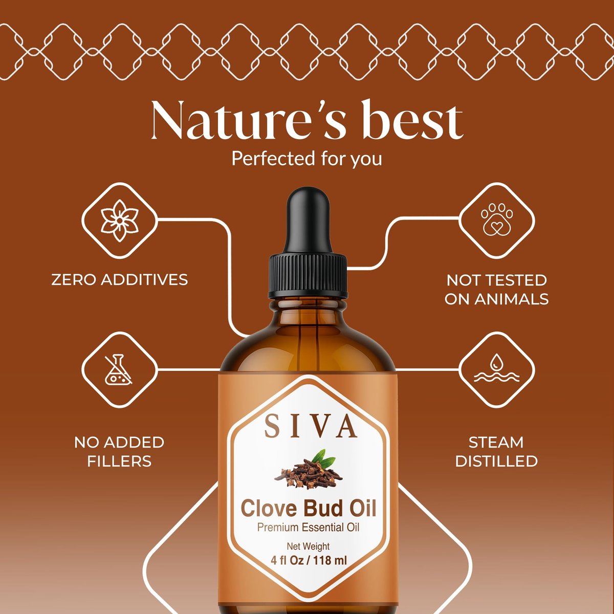 Siva Clove Bud Essential Oil - 4 Fl Oz – 100% Natürliches Nelkenöl für Diffuser, Gesicht, Hautpflege, Aromatherapie, Haarpflege, Kopfhaut und Körpermassage - mit Pipette