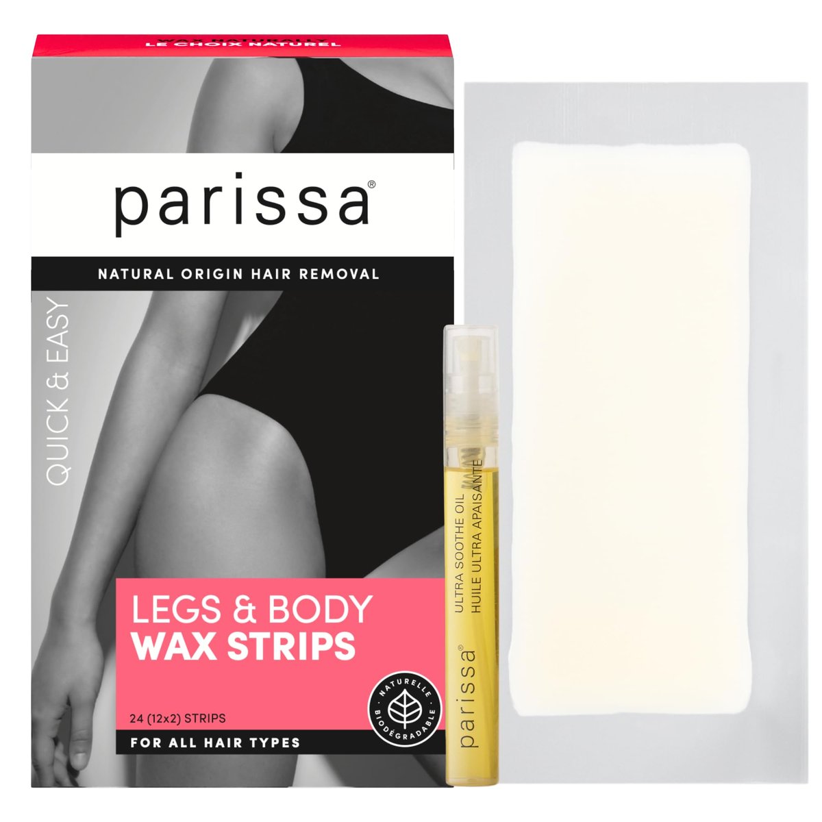 Parissa Beine & Körper Biologisch Abbaubare Wachsstreifen Set – Fertig zu verwendende große Wachsstreifen für die Haarentfernung zu Hause, geeignet für alle Haartypen – inklusive Ultra-Soothing-Öl nach der Wachsbehandlung – 24 Streifen (12 x 2)