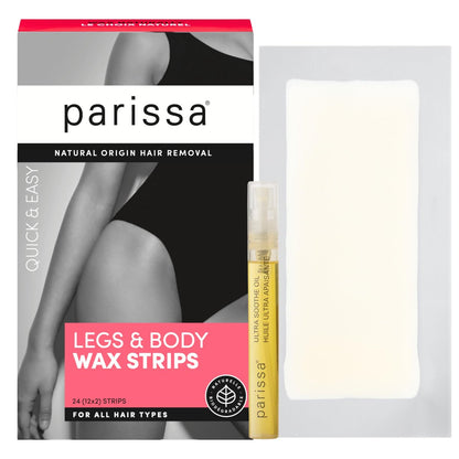 Parissa Beine & Körper Biologisch Abbaubare Wachsstreifen Set – Fertig zu verwendende große Wachsstreifen für die Haarentfernung zu Hause, geeignet für alle Haartypen – inklusive Ultra-Soothing-Öl nach der Wachsbehandlung – 24 Streifen (12 x 2)