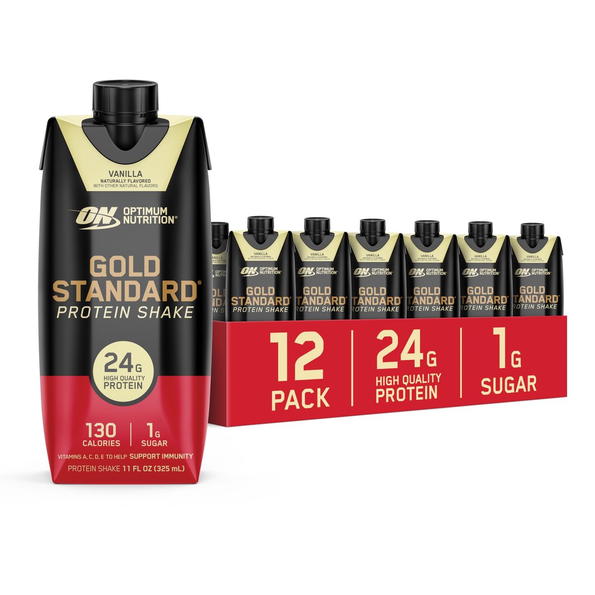 Optimum Nutrition Gold Standard Protein Shake – 24g Protein, trinkfertig, Vanille, 11 Fl Oz, 12er-Pack