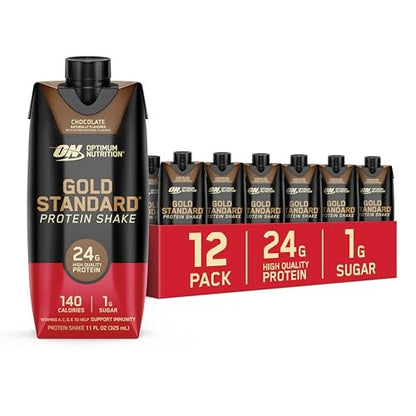 Optimum Nutrition Gold Standard Protein Shake – 24g Protein, Fertiggetränk, Schokolade, 11 Fl Oz, 12er Pack