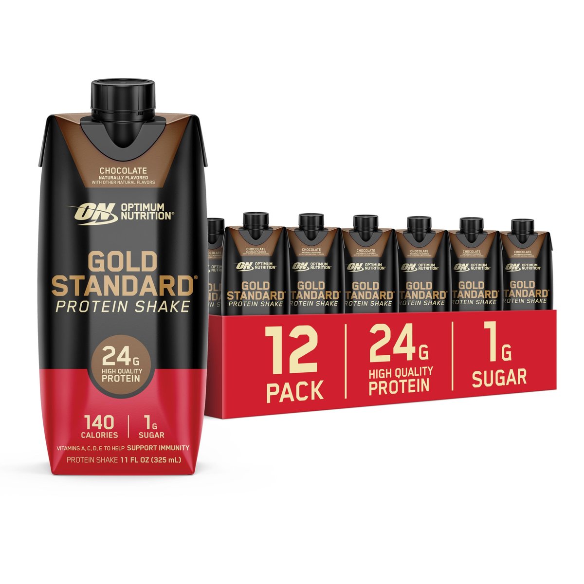 Optimum Nutrition Gold Standard Protein Shake – 24g Protein, Fertiggetränk, Schokolade, 11 Fl Oz, 12er Pack
