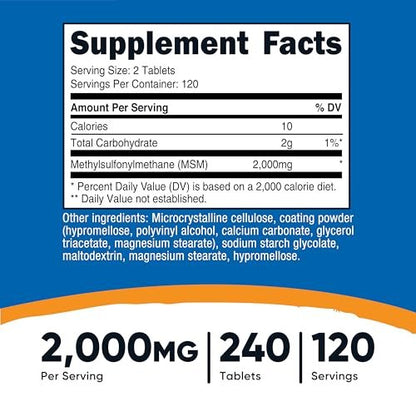 Nutricost MSM Tabletten (Methylsulfonylmethan) 2000mg pro Portion, 120 Portionen, 240 Tabletten - Non-GMO und Glutenfrei