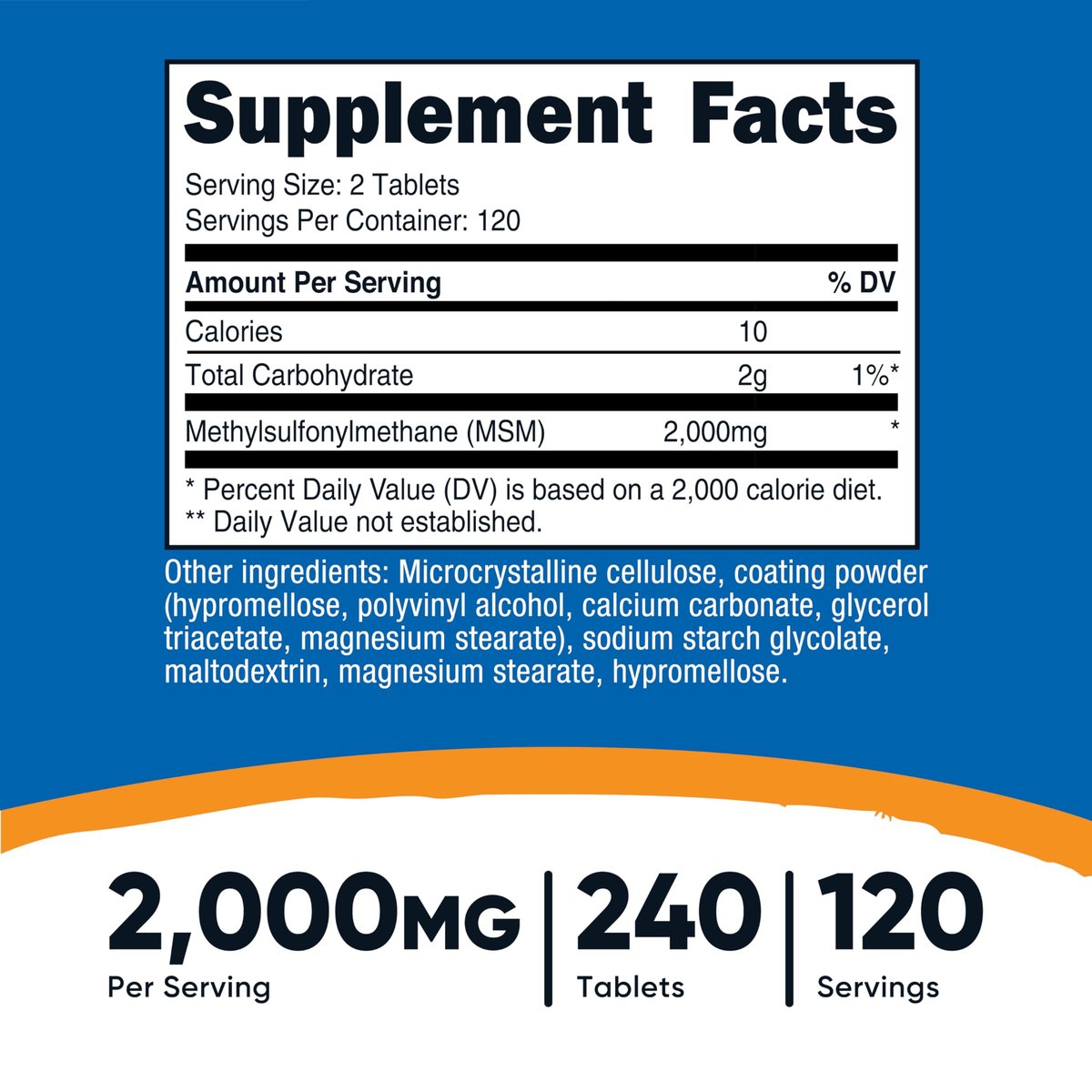 Nutricost MSM Tabletten (Methylsulfonylmethan) 2000mg pro Portion, 120 Portionen, 240 Tabletten - Non-GMO und Glutenfrei