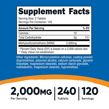 Nutricost MSM Tabletten (Methylsulfonylmethan) 2000mg pro Portion, 120 Portionen, 240 Tabletten - Non-GMO und Glutenfrei
