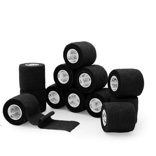 OK TAPE Selbstklebende Kohesive Bandagen 12er-Pack, 5 cm x 4,5 m, Nicht gewebt, Selbsthaftender Sportverband, Tierverband, für Daumen, Finger, Handgelenk, Knöchel (Schwarz)