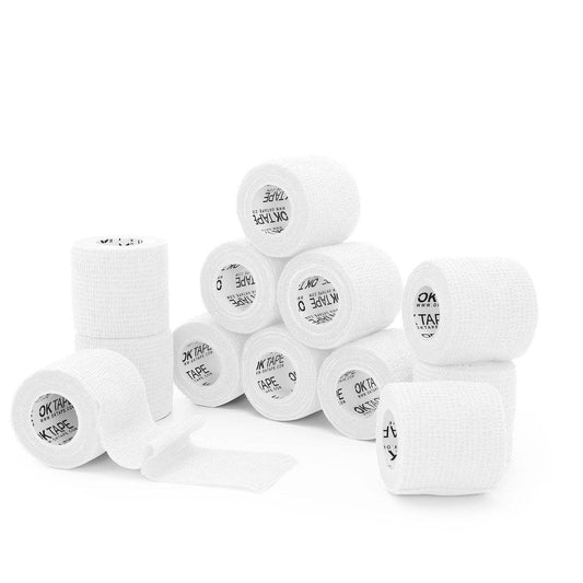 OK TAPE Selbsthaftende Kohäsive Bandagen 12er-Pack, 5 cm x 4,5 m, Nicht gewebter Selbstklebeverband für Sport, Veterinär, Daumen, Finger, Handgelenk, Knöchel (Weiß)