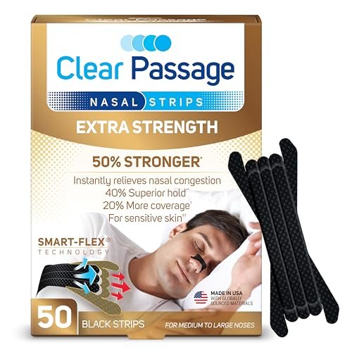 Clear Passage Extra Strength Nasal Strips 50 Stück, Nasendilatatoren für Männer & Frauen, gegen Schnarchen, sofortige Verstopfungslinderung bei Erkältung & Allergie, verbessert Schlaf, bessere Leistung, für Tag & Nacht, Schwarz