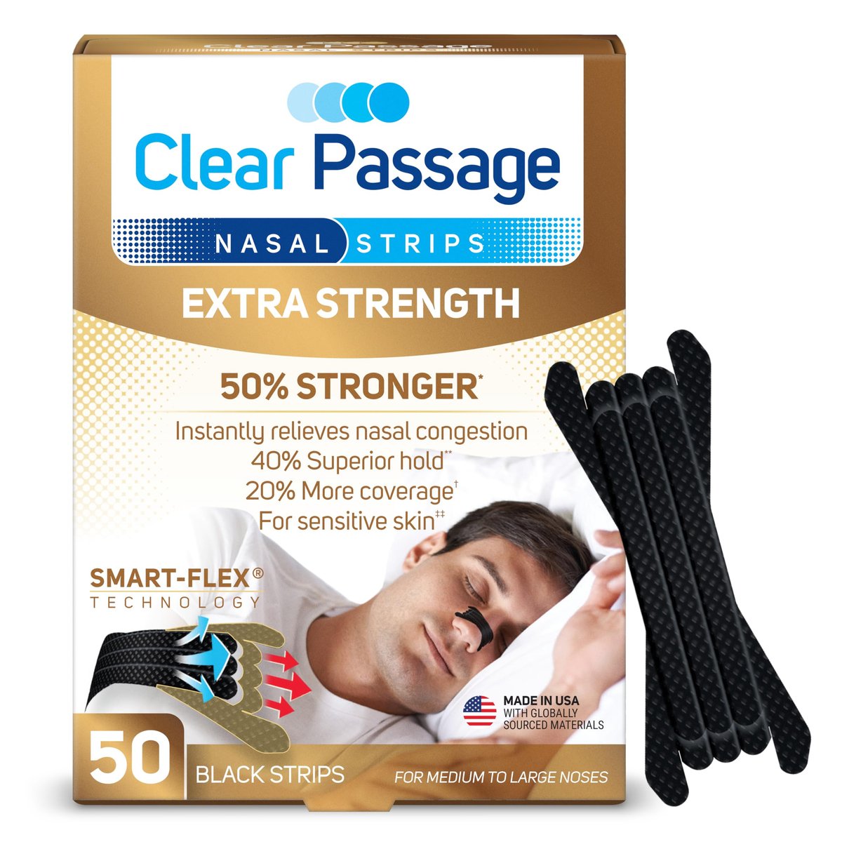 Clear Passage Extra Strength Nasal Strips 50 Stück, Nasendilatatoren für Männer & Frauen, gegen Schnarchen, sofortige Verstopfungslinderung bei Erkältung & Allergie, verbessert Schlaf, bessere Leistung, für Tag & Nacht, Schwarz