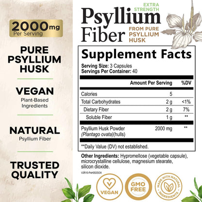 Psyllium Husk Kapseln - Extra starke 2000 mg pro Portion - Ballaststoffergänzung für tägliche Verdauung und Regelmäßigkeit - Natürliche Psylliumfasern - Hergestellt in den USA - 120 Kapseln